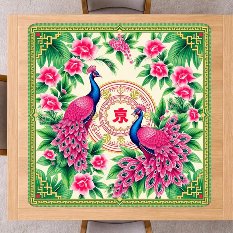 Vibrant Peacock and Blooming Flower Pattern Luxurious Art Style Elegant Table Game Accessory Mahjong Mat