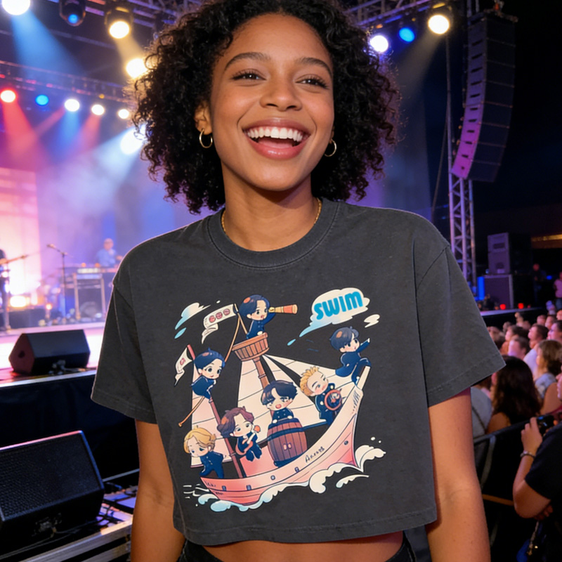 Kpop Cute Anime Style Pirate Ship Cartoon Graphic Casual Streetwear Short Sleeve Trendy Cropped Fans T Shirt