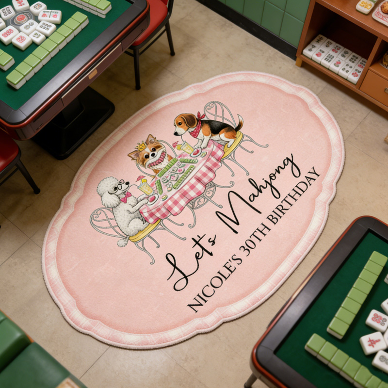 Personalized Cute Dog Cat Playing Mahjong Birthday Party Decorative Entryway Soft Pink Oval Floor Carpet Rug