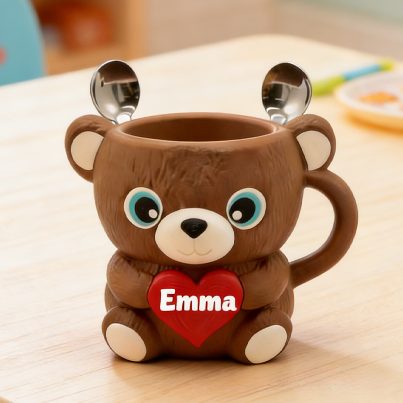 Personalized Cartoon Heart-Shaped Bear Ice Cream Pint Holder 3D Printed with 2 Spoon Slots Cozy Birthday Gifts for Kids