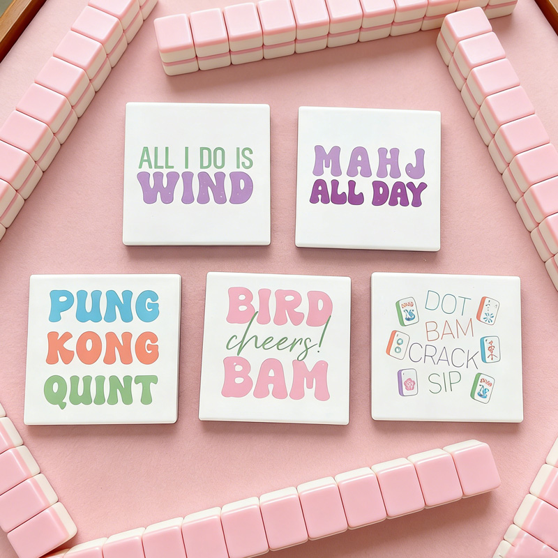 Colorful Funny Quote Text Mahjong Player Gift Decorative Table Protection Drink Holder Set Mahjong Coaster