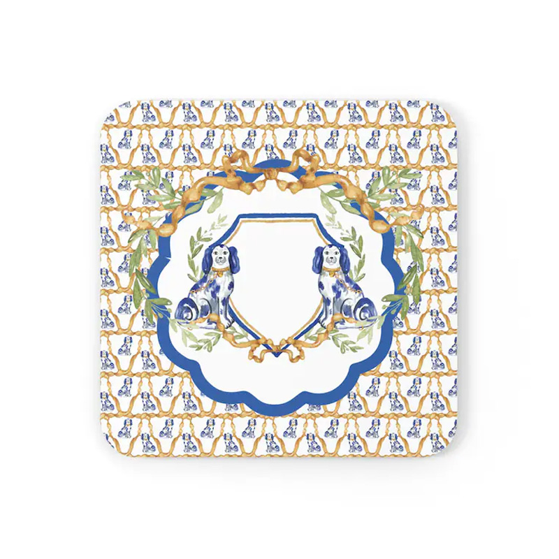 Elegant Blue White Dog Motif Bamboo Tile Pattern Decorative Table Protection Gift Mahjong Coaster