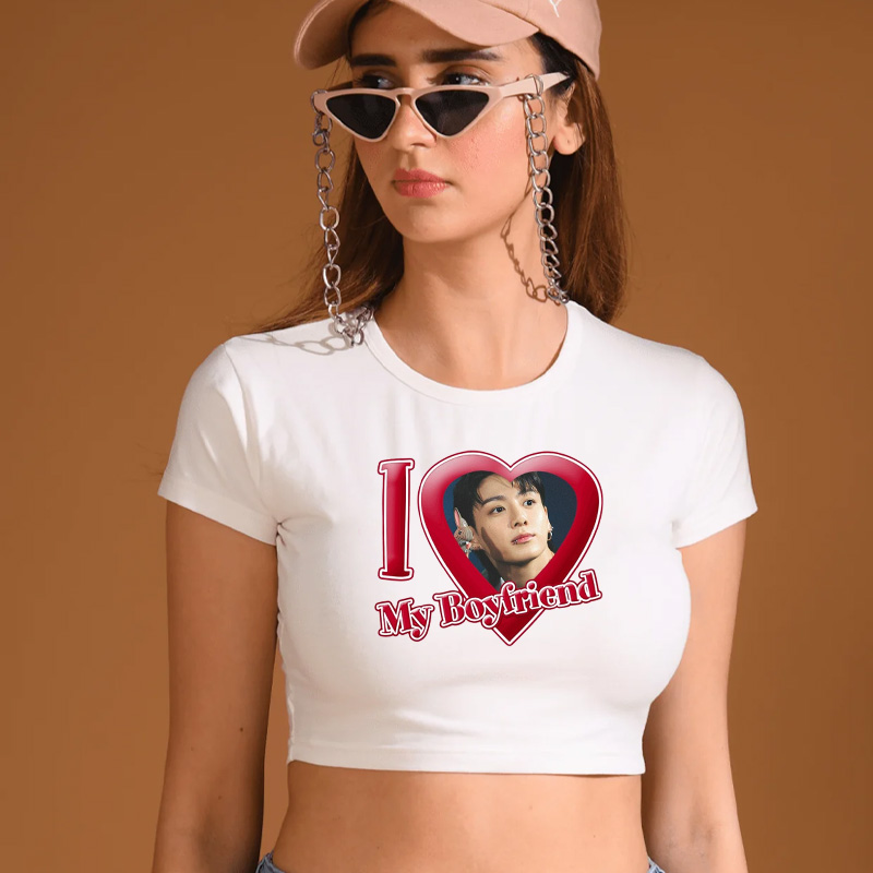 Personalized I Love My Boyfriend Heart Graphic Kpop Inspired Cute Y2K Aesthetic Short Sleeve Cropped Top Baby Tee K-Pop Fans Baby Tee