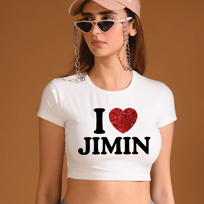 Personalized I Love Jimin Heart Glitter Graphic Kpop Inspired Cute Y2K Aesthetic Short Sleeve Cropped Top Baby Tee