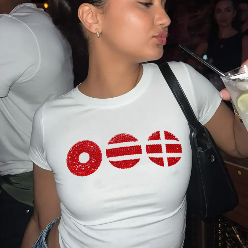 K-Pop Fans Rhinestones Cute Sweet Treat Graphic Kpop Inspired Aesthetic Short Sleeve Cropped Top Baby Tee