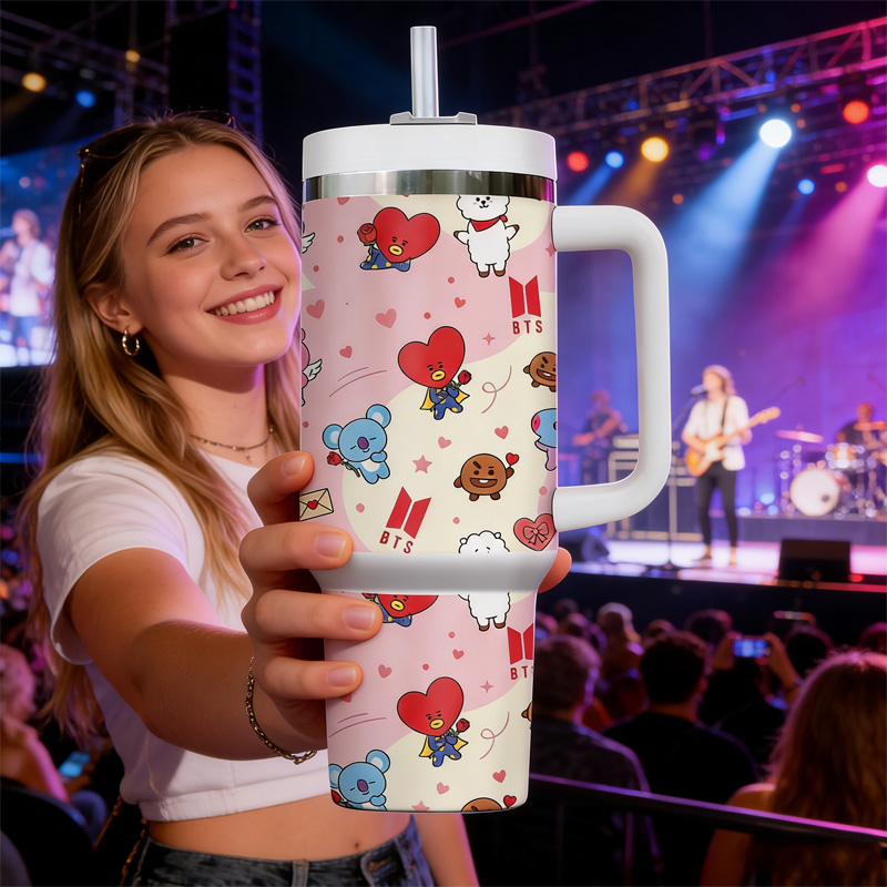 K-Pop Cartoon Characters Inspired Cute Colorful Heart Stars Pattern Stainless Steel Travel Mug Tumbler For Lovers & Fans