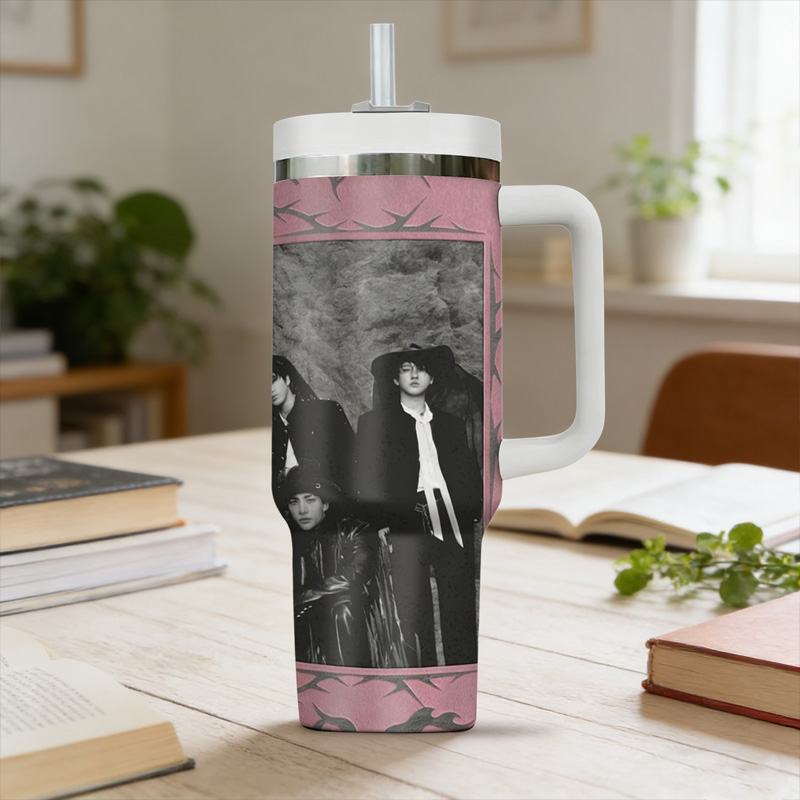 Kpop Inspired Black and White Retro Style Pink Frame Thorn Pattern Stainless Steel Travel Mug Tumbler