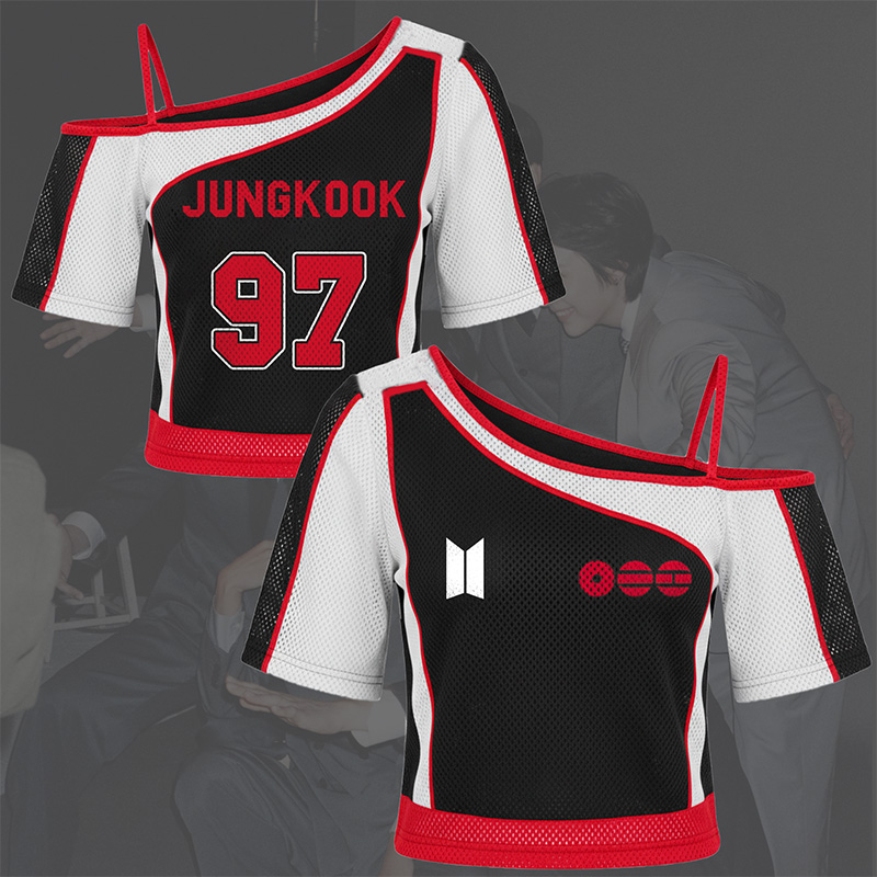 Personalized Kpop Inspired Sports Style Off Shoulder Black Red White Mesh Crop Top Fashion Shirt