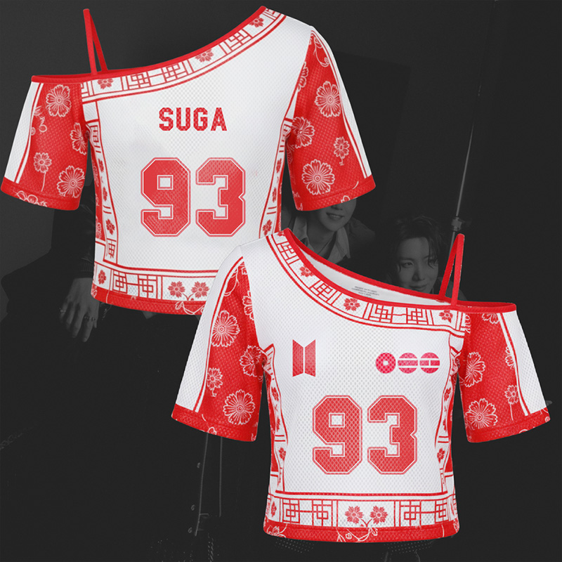 Personalized Kpop Inspired Traditional Floral Pattern Red White Off Shoulder Mesh Crop Top Fashion Shirt
