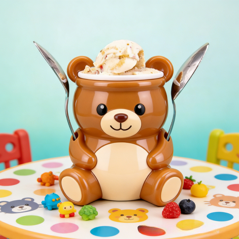 Cute Brown Bear Ice Cream Pint Holder 3D Printed with 2 Spoon Slots Cozy Birthday Gifts for Kids