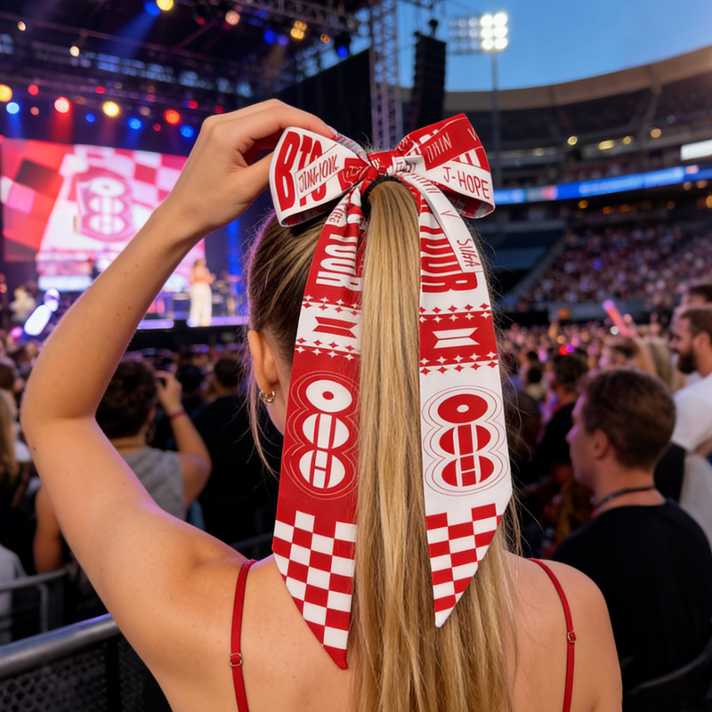 Kpop Inspired Red White World Tour Logo Pattern Satin Silk Ribbon Concert Hair Accessory