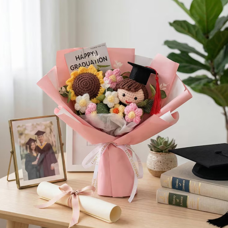 Handmade Crochet Flower Plush Doll Gift Unique Keepsake for Celebration Congratulations Event Graduation Bouquet Class Gifts for Him Her