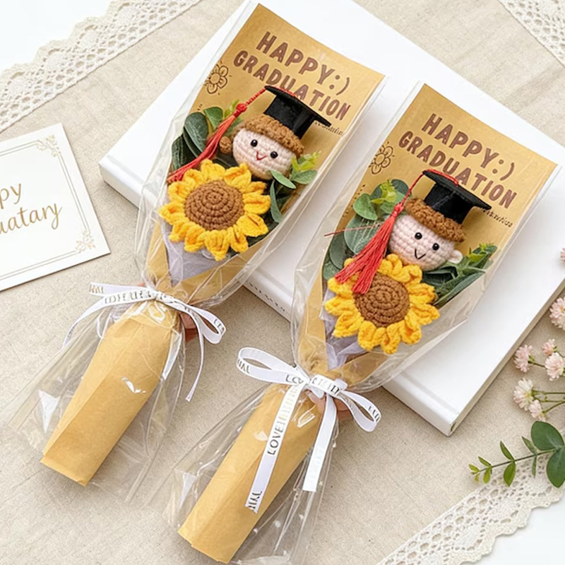 Graduation Gift Sunflower Bouquet with Cute Doll Plush Toy Handmade Flower Wrap Congratulation Present