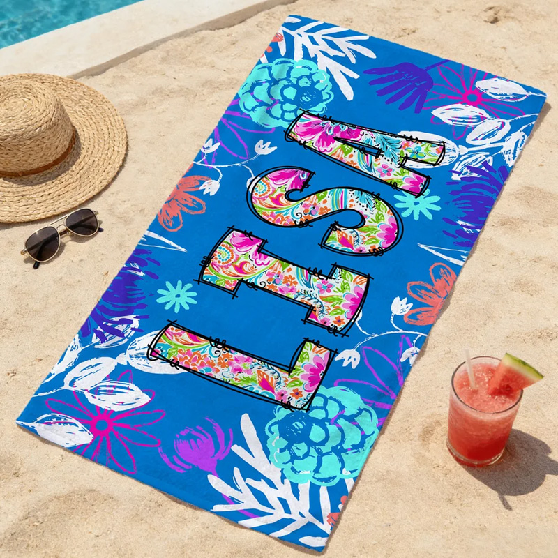 Personalized Toile De Jouy Graffiti Floral Quick Dry Oversized Beach Towel with Name Summer Vacation Travel Essentials Birthday Gift for Friend Family