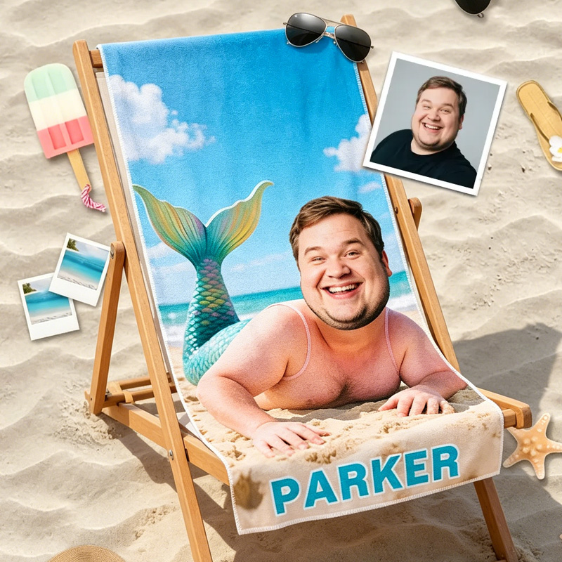 Personalized Funny Father Merman Photo Personalized Summer Humor Playful Ocean Vibe Creative Custom Gift Beach Towel