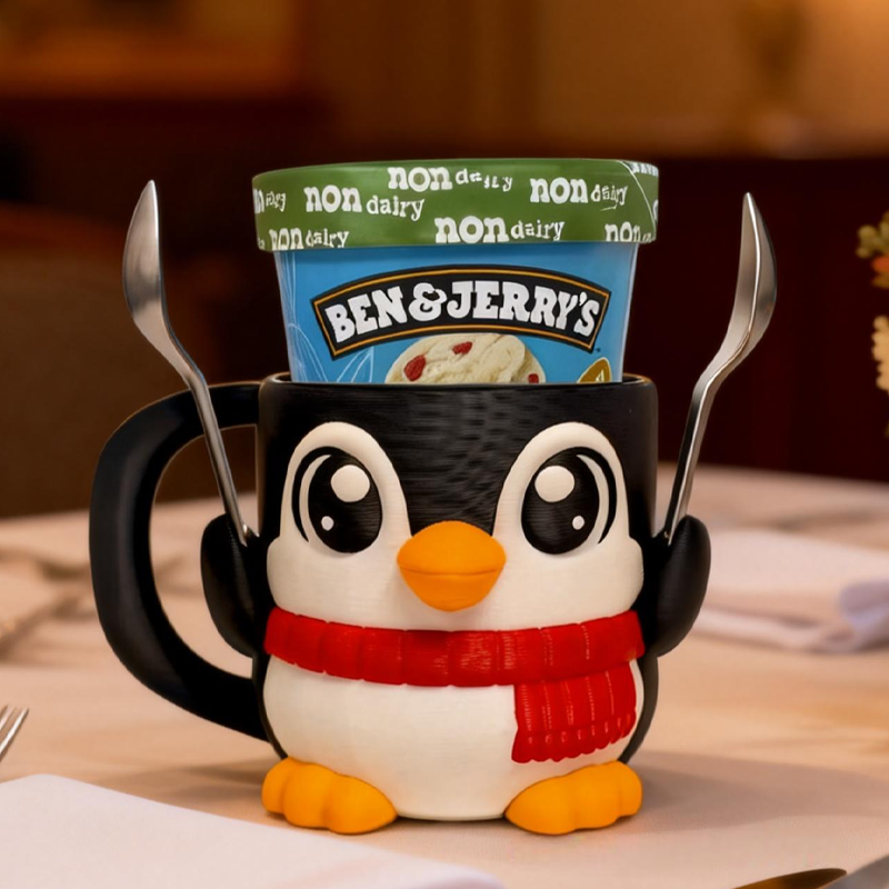Cute Penguins Wearing Scarves Ice Cream Pint Holder 3D Printed with 2 Spoon Slots Cozy Birthday Gifts for Kids