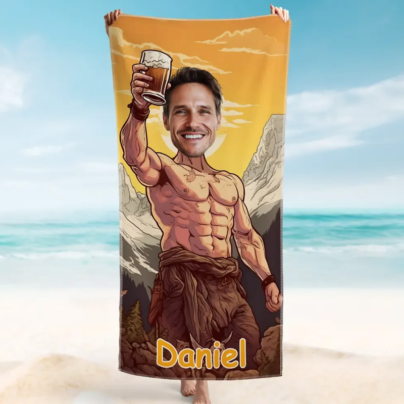 Personalized Cartoon mountain hero with beer confident adventure style custom caricature fun gift Beach Towel