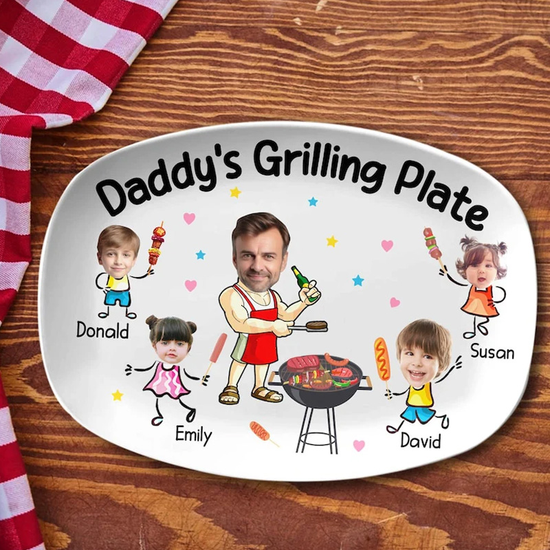 Personalized Cute cartoon family barbecue funny personalized summer cookout gift for dad custom artwork Daddy Grilling Platter