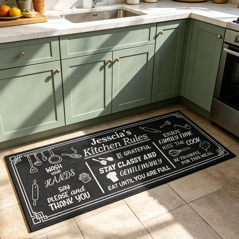 Personalized Typography Kitchen Cooking Family Gratitude Humor Quote Decoration Kitchen Rules Rug
