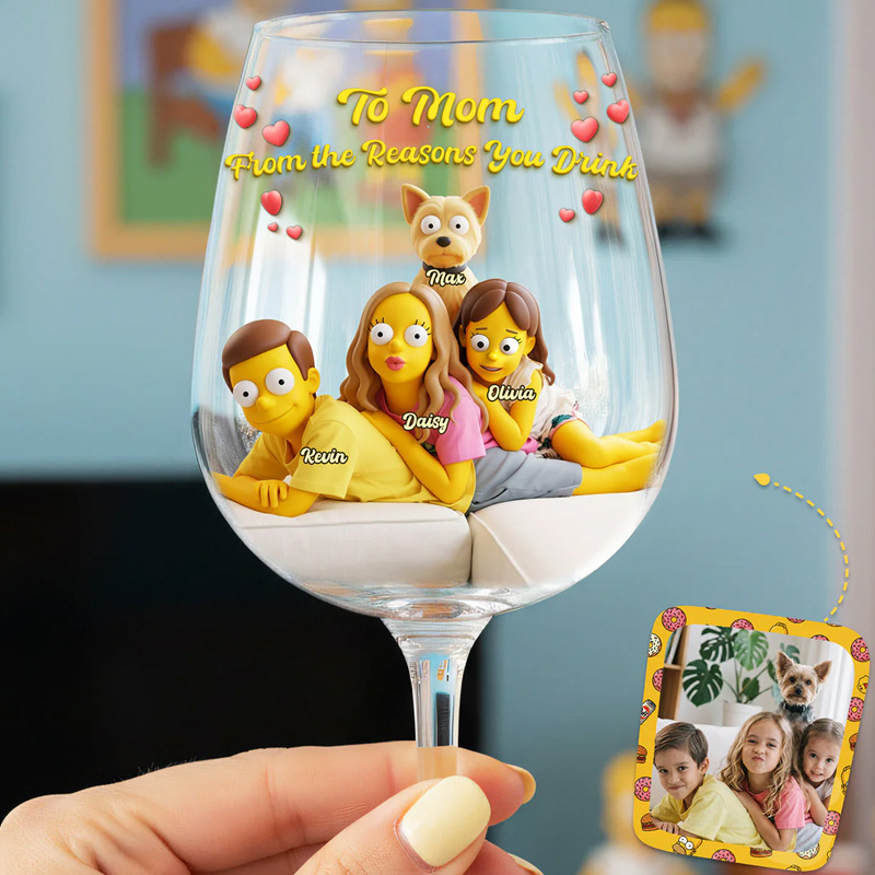 Personalized Cartoon Family Portrait Custom Photo Transformed into Funny Yellow Character Style Unique Gift Wine Glass