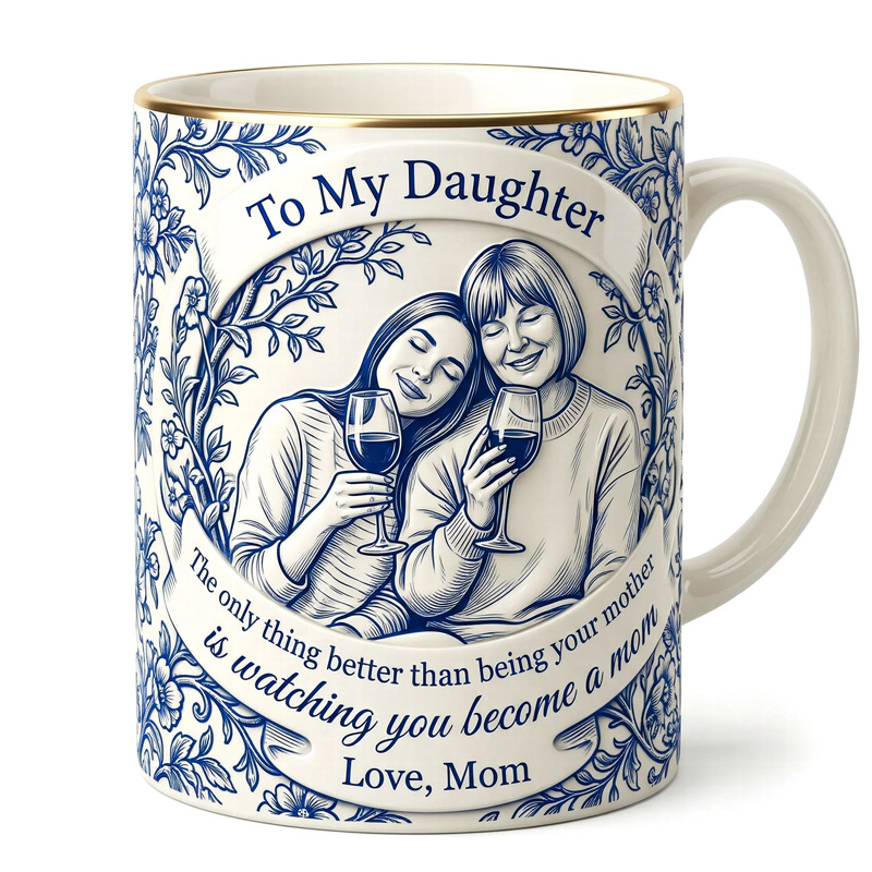 Personalized Mother and Daughter Portrait Custom Photo Illustration with Heartfelt Message Blue Floral Sentimental Coffee Mug