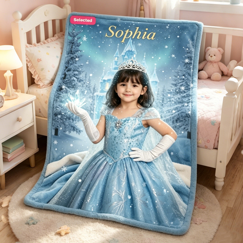 Personalized Princess Blanket Custom Photo Blue Ice Castle Magical Winter Fairy Tale Themed Gift for Girls