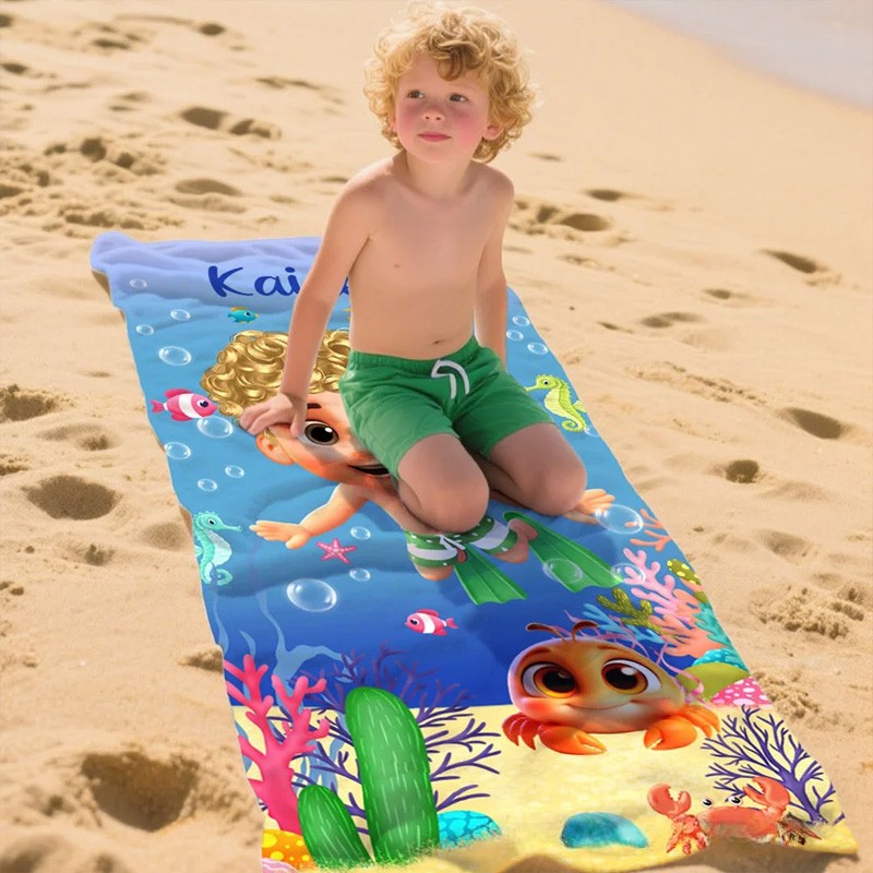 Personalized Cute 3D Diving Kid Sea Animal Quick Dry Soft Oversized Beach Towel with Name Summer Vacation Beach Party Birthday Gift for Boys Girls