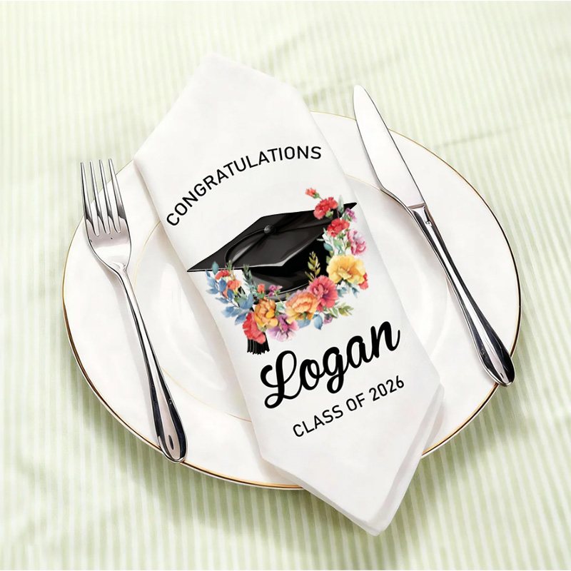 Personalized Birth Flower Graduation Cotton Napkin Custom Name Class of 2026 Floral Cap Gift for Graduates Party Table Decor