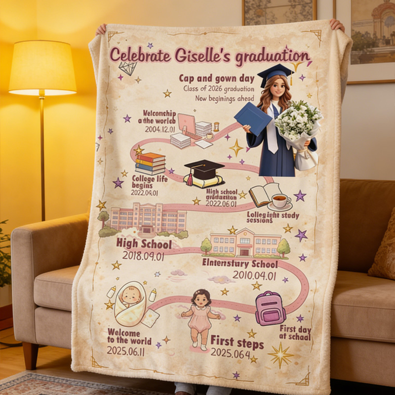Personalized Graduation Blanket Custom Name and Photo Class of 2026 Timeline of Life Journey Milestone Gift for Graduate