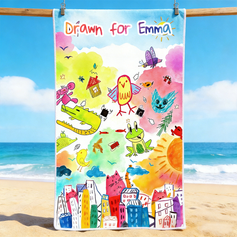 Personalized Kids Drawing Beach Towel Custom Name Hand Drawn Style Towel Gift For Girls Boys