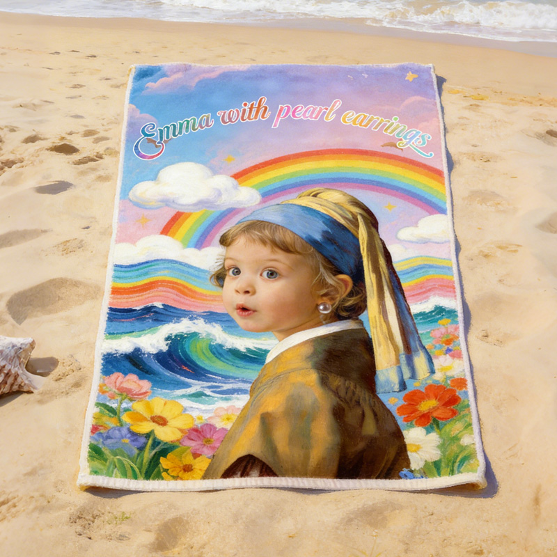 Personalized Kid Photo Lovely Art Inspired Kids Beach Towel Kid With Pearl Earrings Ocean Flowers Rainbow Scene