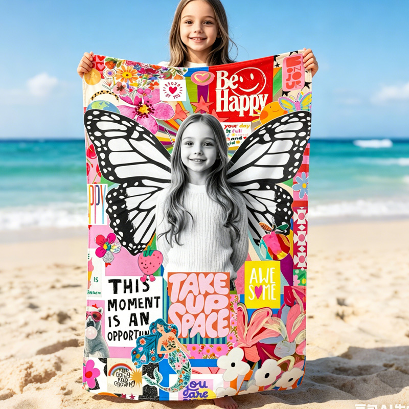 Personalized Kid Photo Colorful Graffiti Art Kids Beach Towel Street Pop Style Bright Fun Summer Expression Look