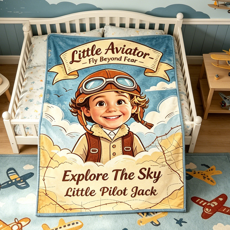 Personalized Little Pilot Kids Blanket Adventure Sky Explorer Cozy Soft Vintage Aviation Look