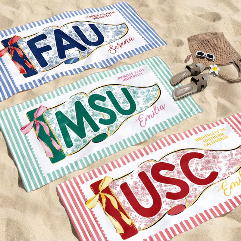 Personalized College Beach Towel Custom University Letters Graduation Gift Soft Striped Blanket