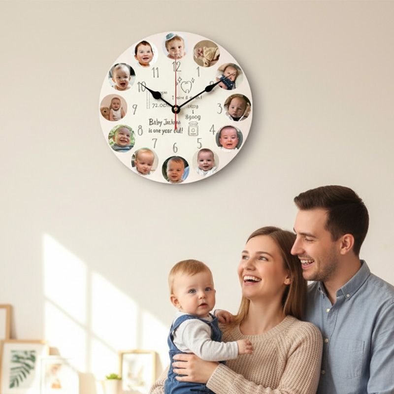 Personalized Baby 1-12 Month Photo Clock Custom First Birthday Gift Keepsake Wall Clock For Nursery Room