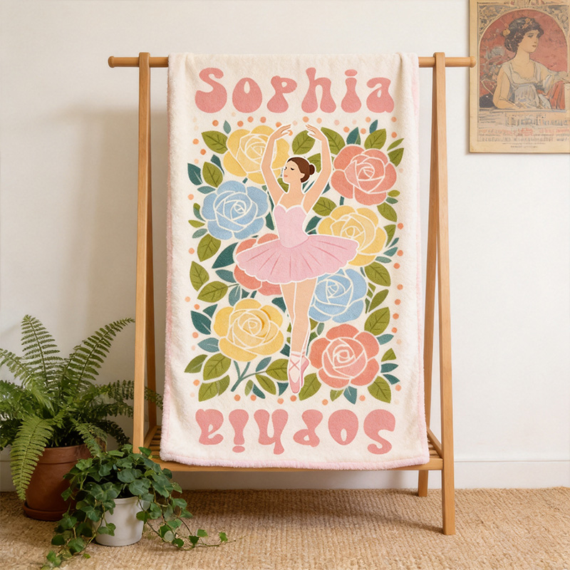 Personalized Birth Flower Ballerina Blanket Custom Name Dance Gift For Girls Floral Ballet Theme Cozy Soft Fleece Throw