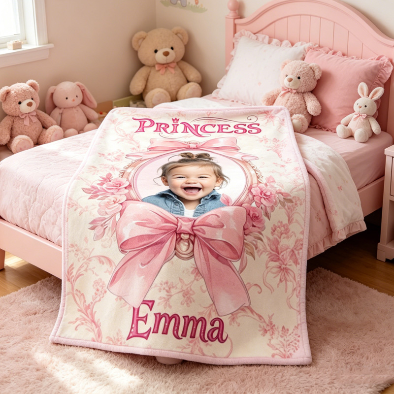 Personalized Princess Blanket Custom Name Pink Bow Floral Theme Kids Gift Soft Cozy Fleece Throw Design