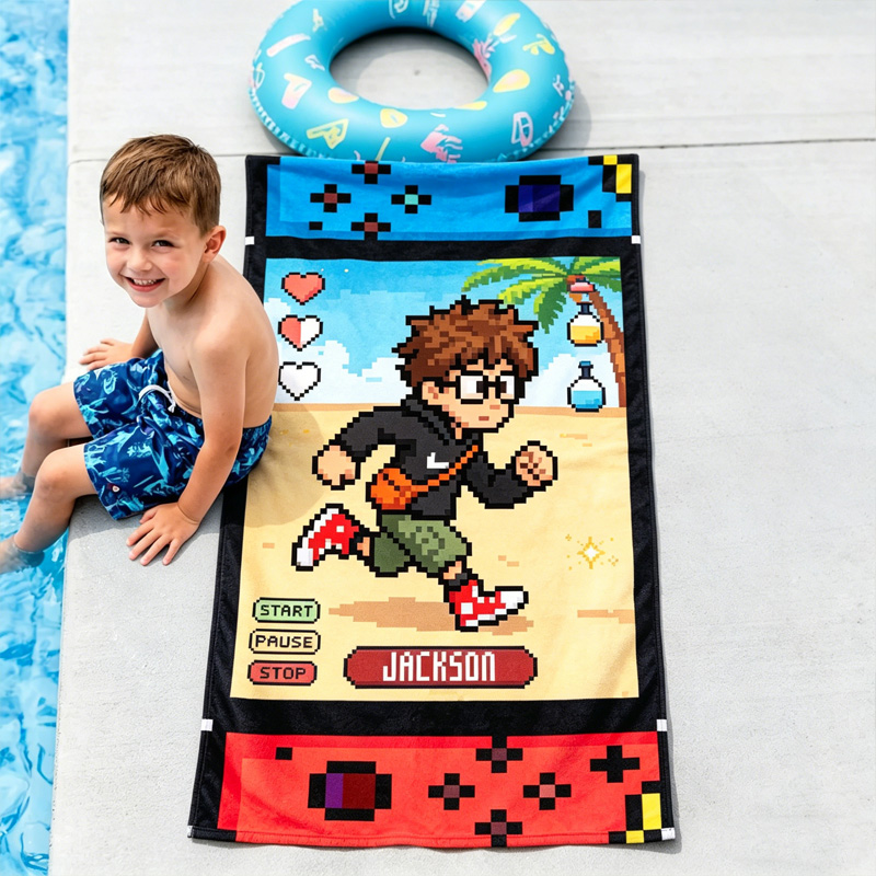 Personalized Gamer Beach Towel Custom Name Video Game Theme Kids Gift Soft Quick Dry Microfiber Design