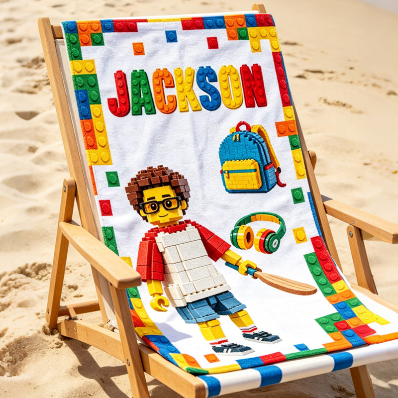 Personalized Building Blocks Beach Towel Custom Name Colorful Brick Theme Kids Gift Soft Quick Dry Design