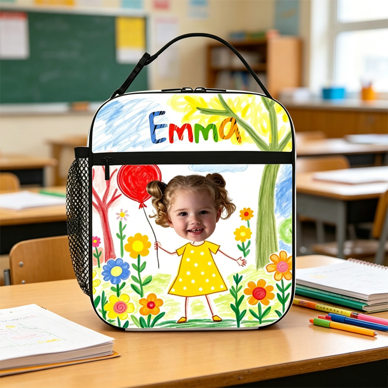 Personalized Hand Drawn Kids Lunch Bag Custom Name Colorful Crayon Art Style Cute Flowers Design