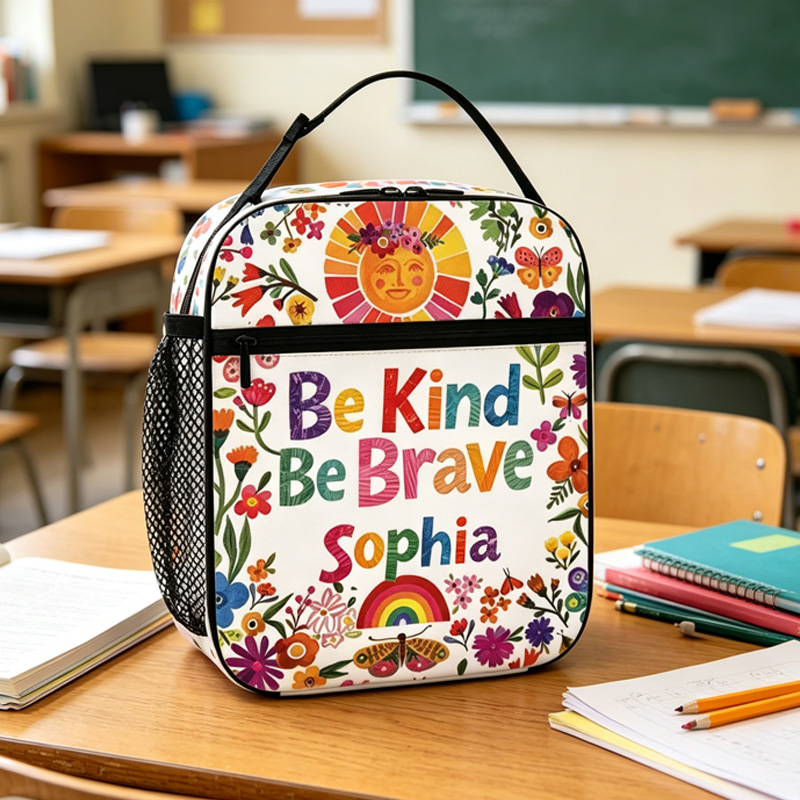 Personalized Boho Kids Lunch Bag Custom Name Colorful Floral Art Style Be Kind Be Brave Positive Quote