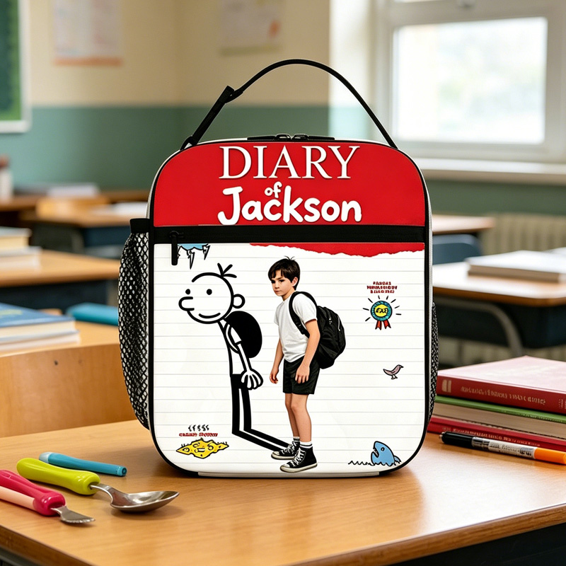 Personalized Kids Lunch Bag Custom Name and Photo Funny Cartoon Notebook Style Red Header School Humor Art Style
