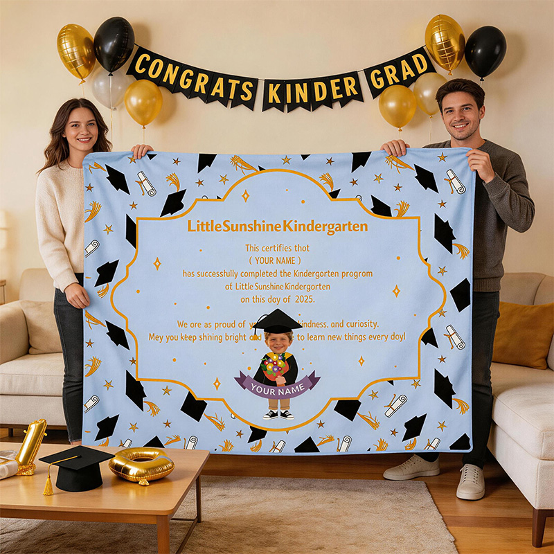 Personalized Kindergarten Graduation Blanket Custom Name and Photo Diploma Style Pink Gold Stars Cap And Gown Gift