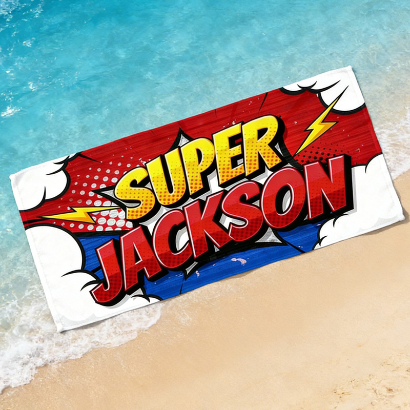 Personalized Kids Superhero Beach Towel Super Kid's Name Custom Comic Book Style Towel For Boys Pool And Beach Adventures