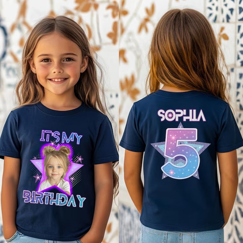 Personalized Birthday Celebration Kids T-Shirt with Bold Photo Design and Name for a Special Day