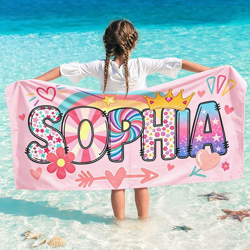 Personalized Princess Girls Name Beach Towel Custom Kids Pink Rainbow Towel For Pool And Summer Vacation Gift