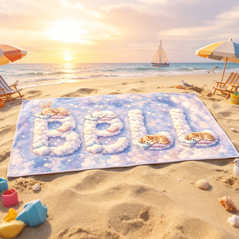 Personalized Pastel Cloud Name Kids Beach Towel Cozy Sleeping Animals Personalized Pool Bath Towel For Children