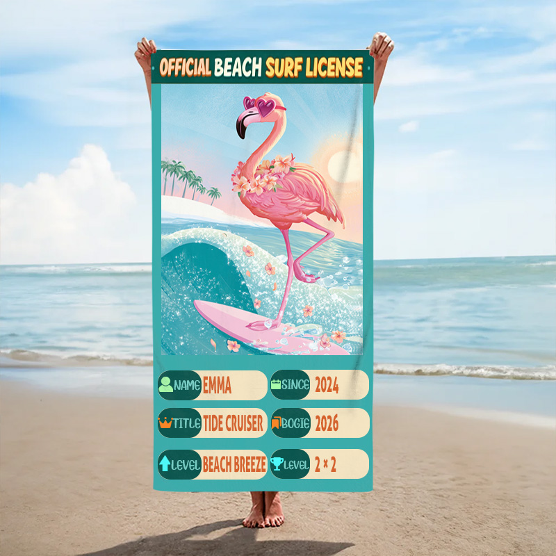 Personalized Official Beach Surf License Animals Surfing Kids Personalized Name Towel Fun Ocean Wave Summer Gift