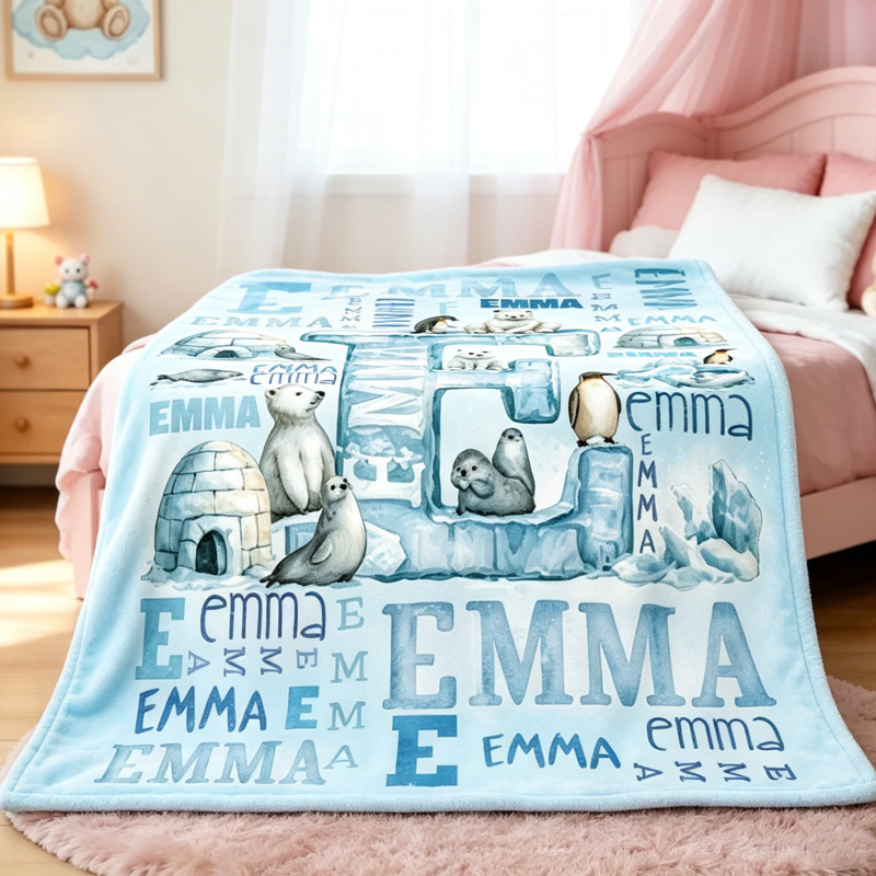 Personalized Arctic Adventure Kids Name Blanket With Polar Bears Penguins Igloos And Icy Letter 