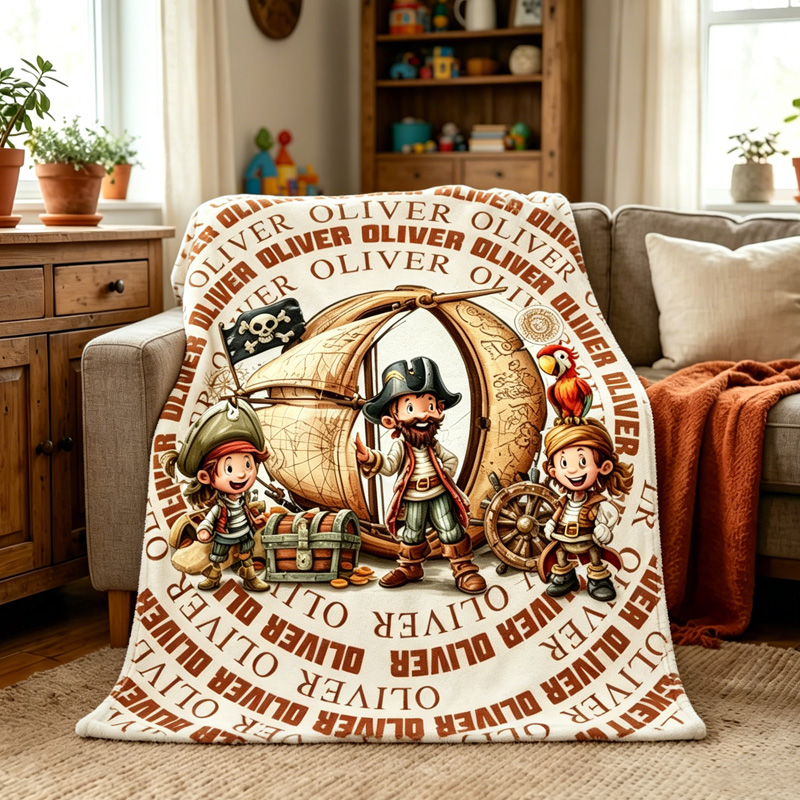 Personalized Pirate Adventure Kids Name Blanket With Ship Treasure Chest And Little Pirate Crew